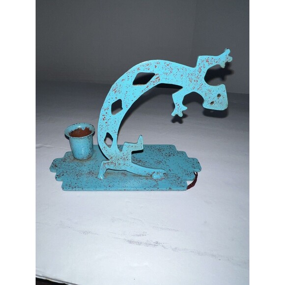 Metal Man Turquoise Metal Art Lizard Candle Holder Tribal Art Sculpture Vintage - Picture 1 of 5